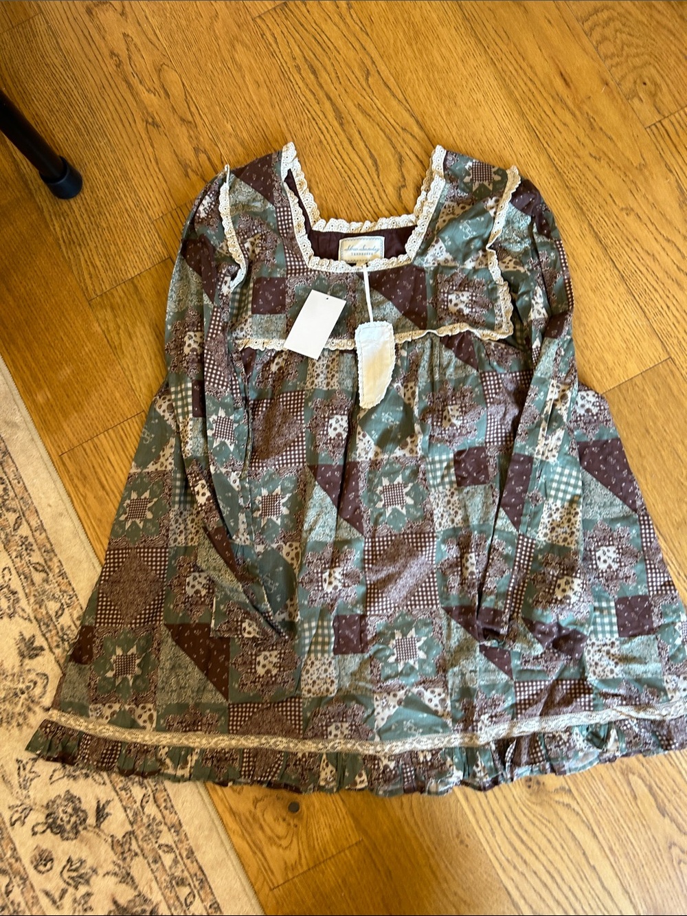 NWT! Slow Sunday Patchwork Print Mini Dress in Sage and Brown